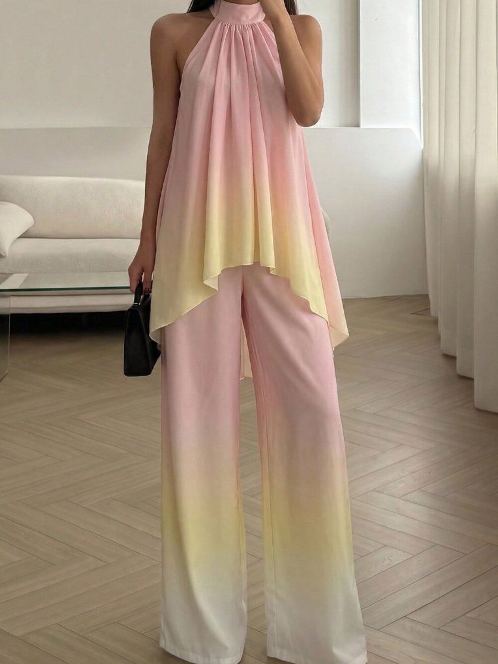 Multicolor Casual Women's Halter Tunic Top with Wide Leg Pants Two-Piece Set